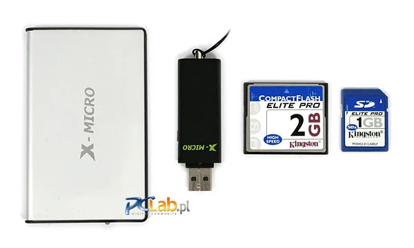 Od lewej: X-Micro Mini DisGo, pendrive X-Micro USB 2.0 Flash Stick 512 MB, karta CF Kingston Elite Pro 2 GB, karta SD Kingston Elite Pro 1 GB