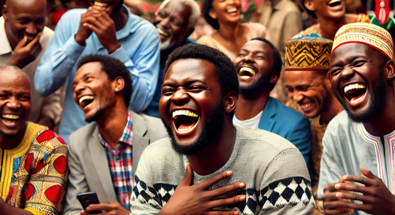 An AI-generated image of a lively scene depicting a black Kenyan man laughing loudly while using his smartphone, surrounded by a group of Kenyan people in a social gathering