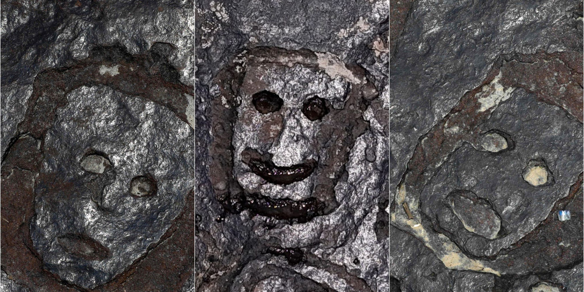 Trzy zdjęcia obok siebie przedstawiają starożytne płaskorzeźby znalezione w korycie rzeki Negro w Manaus w Brazylii.