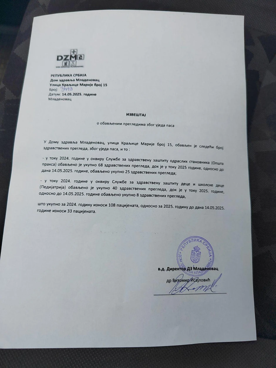 Izveštaj iz Doma zdravlja Mladenovac o napadima pasa