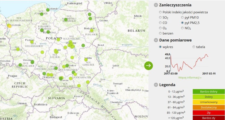 Stężenie pyłu PM2,5 - 2017-03 -11 od godziny 12.00 do godziny 13.00