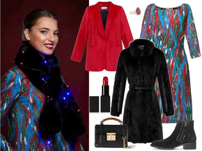 STYLIZACJE na Boże Narodzenie 2019: sukienka - KAMY Made In Krakow/ kamydesign.pl, czarny płaszcz - Fratelli/www.fratelli.com.pl,  czerwona marynarka - Cotton Club/ cottonclub.pl, buty - Menbur/menbur.pl, pozostałe dodatki - TK MAXX