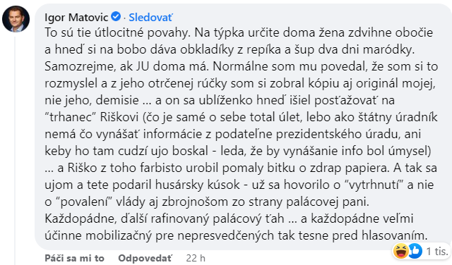 Igor Matovič komentuje príspevky na satirickej facebookovej stránke. 