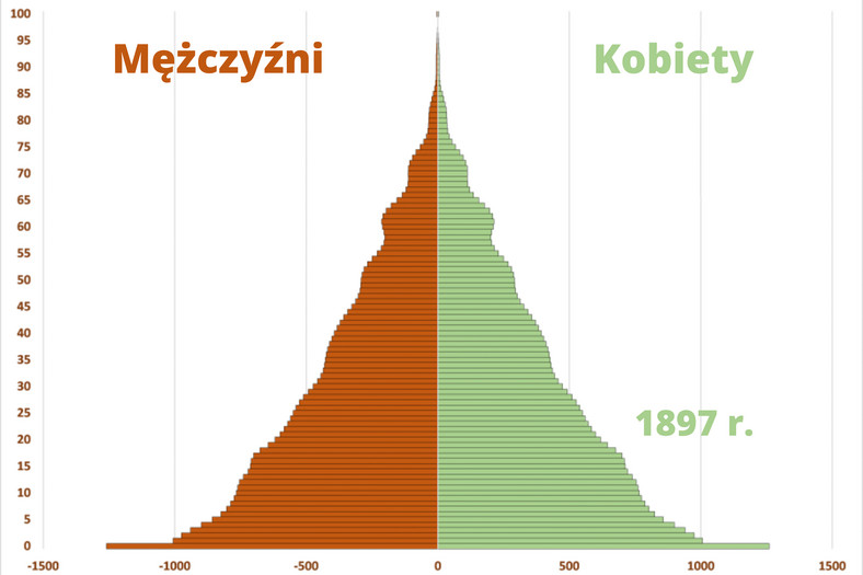Wykres pokazujący demografię Rosji w 1897 r. — po lewej dane dotyczące mężczyzn, po prawej — kobiet. Oś pionowa oznacza wiek, a pozioma liczbę ludności.