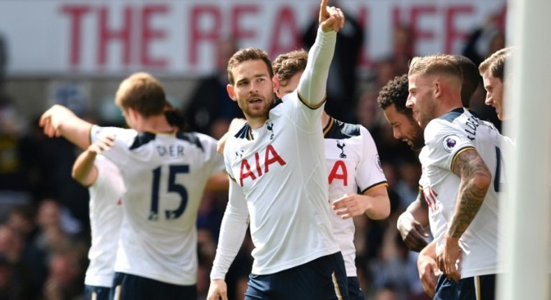 Tottenham Hotspur's Vincent Janssen (C) celebrates with teammates after scoring their fourth goal against Bournemouth at White Hart Lane in London, on April 15, 2017