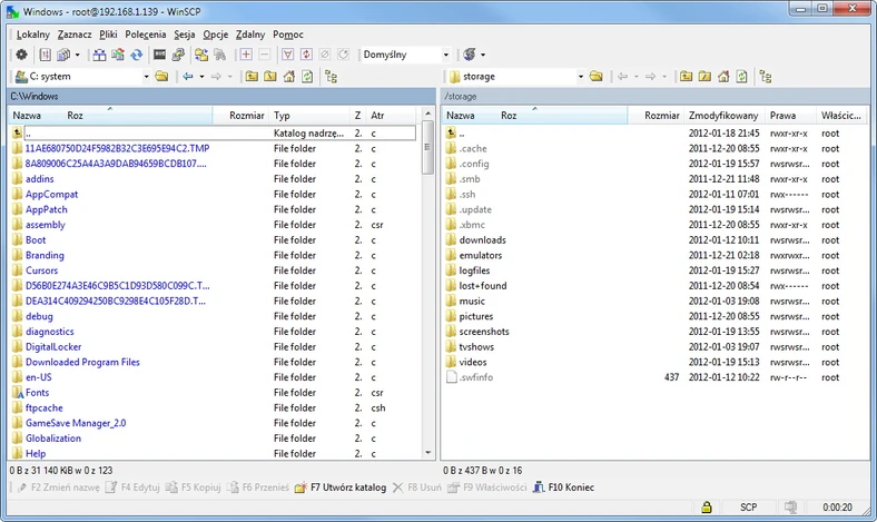 WinSCP – połączony i gotowy do transferu plików