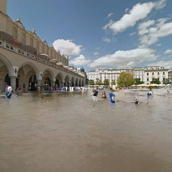 Krakowski rynek po intensywnych ulewach i wystąpieniu Wisły z brzegów