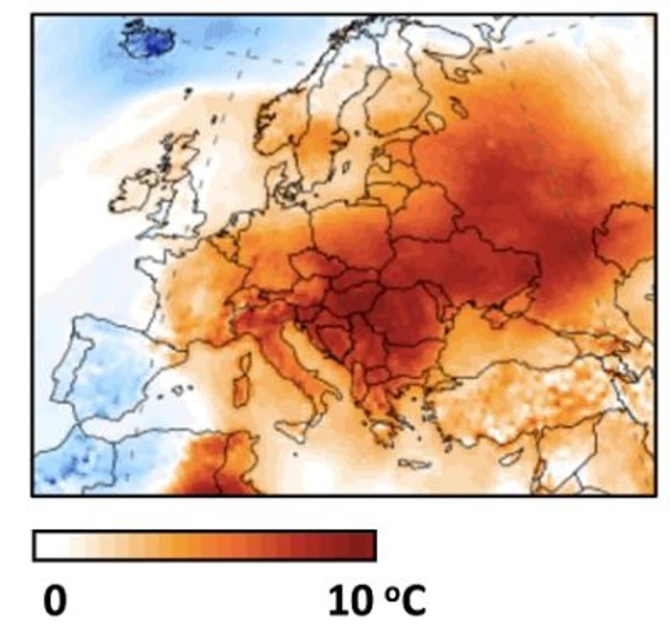 Odstupanje srednje dnevne temperature za 23. oktobar 2019. u odnosu na dugoročnu srednju vrednost