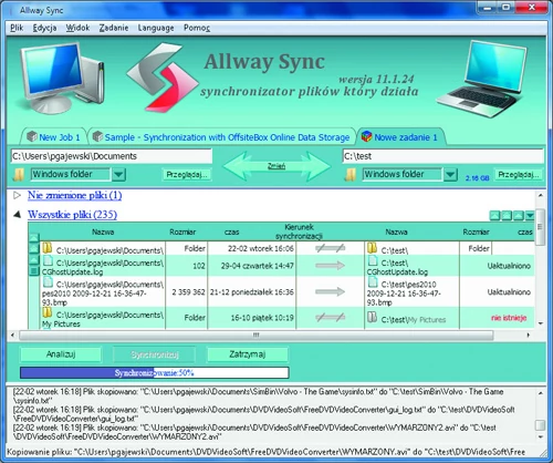 Allway Sync podczas synchronizacji przejrzyście wyświetla zawartość folderu źródłowego oraz docelowego i informuje o postępie kopiowania