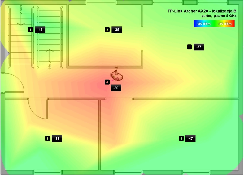 TP-Link Archer AX20: zasięg w domu testowym, parter, sieć 5 GHz