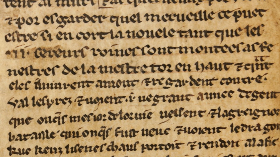 Tekst o Merlinie. Widoczne charaktery pisma obu skrybów