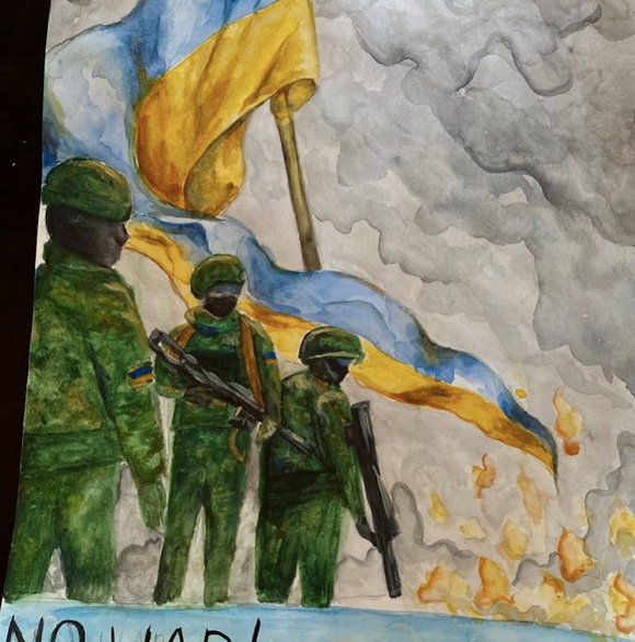 Rysunek 10 letniej Kateriny z Kijowa - Potrzebujemy spokojnego nieba. “Teraz marzę o pokoju w mojej ojczyźnie! I chcę, żeby nasi żołnierze wrócili do domu żywi i zdrowi!”