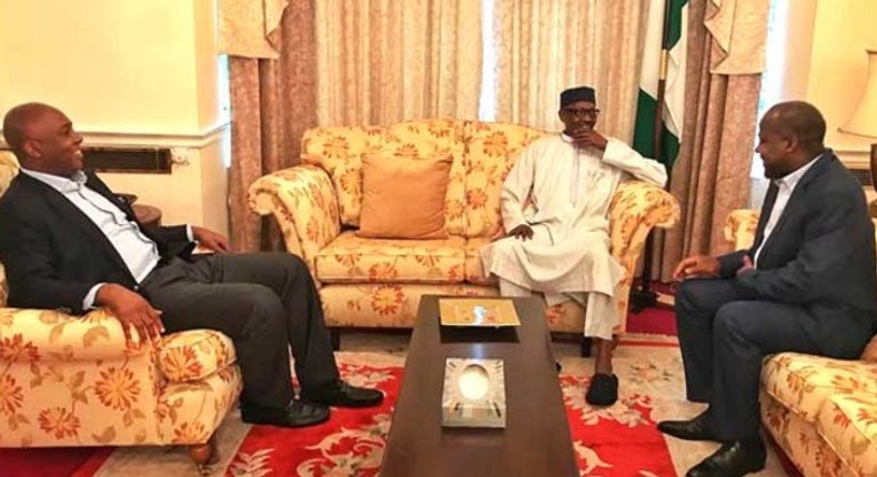 President Muhammadu Buhari receives the Senate President, Bukola Saraki and the Speaker of the House of Reps, Yakubu Dogara, in London on Thursday, August 17.