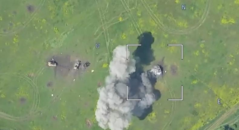 Drone footage shows a burning armoured vehicle in an unidentified location after the Defence Ministry in Moscow said that Russian forces have thwarted a major Ukrainian offensive in the southern Ukrainian region of Donetsk.Russian Defence Ministry/Handout via Reuters