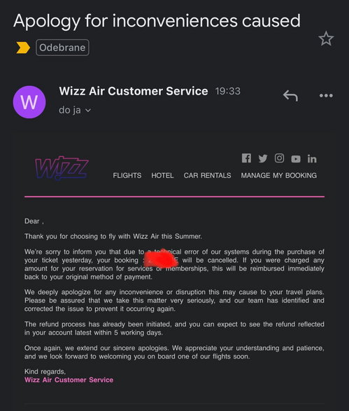 Wiadomośc od Wizz Air, źródło: Fly4free