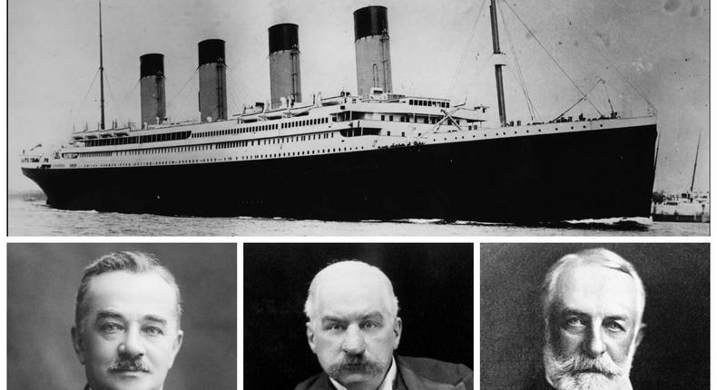 The Titanic (top) with Milton Hershey, J. Pierpont Morgan, and Henry Clay Frick.Public domain; Getty Images
