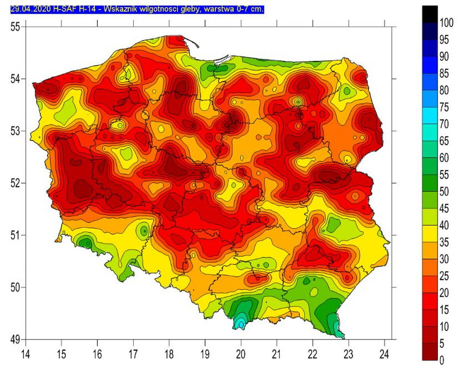 Wilgotność gleby w Polsce stan na 29 kwietnia 