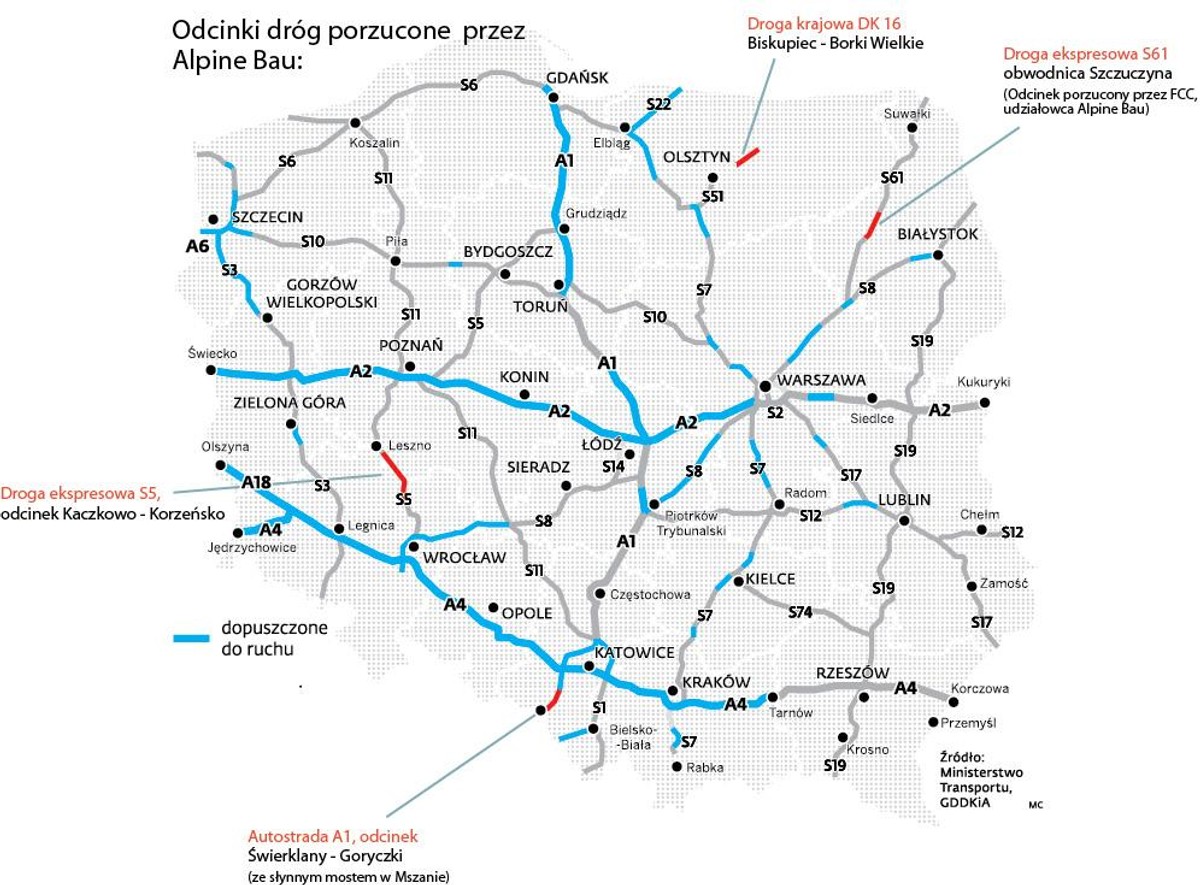 Odcinki dróg porzucone przez Alpine Bau, grafika: Michał Rosak