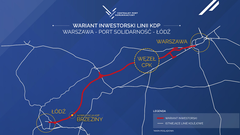 Tzw. wariant inwestorski planowanej linii kolejowej Warszawa-CPK-Łódź przez Brzeziny — fot. materiały spółki CPK