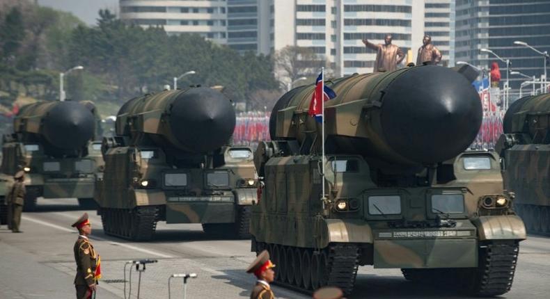 An unidentified rocket is displayed during a military parade marking the 105th anniversary of the birth of late North Korean leader Kim Il-Sung in Pyongyang on April 15, 2017