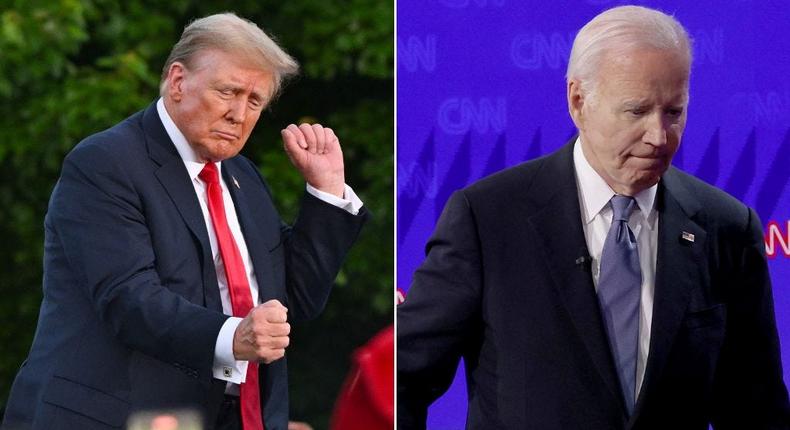 How did I do with the debate the other night? I kicked that old, broken down pile of crap. He's quitting the race, former President Donald Trump (left) said of his rival, President Joe Biden (right).James Devaney/GC Images via Getty Images; Justin Sullivan via Getty Images