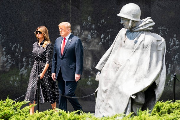 US President Donald J. Trump, alongside First Lady Melania Trump, tours the Korean War Veterans Memorial in Washington, DC, USA, 25 June 2020.