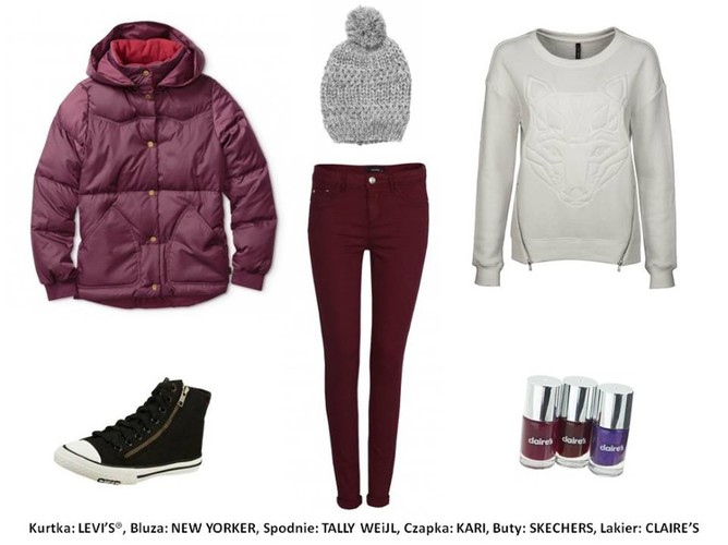 Kurtka: Levi’s® 599 pln Bluza: New Yorker 79,95 pln Spodnie: Tally Weijl 49,90 pln Lakier: Claire’s 12 pln Czapka: Kari 49 pln Buty: Skechers 199,90 pln