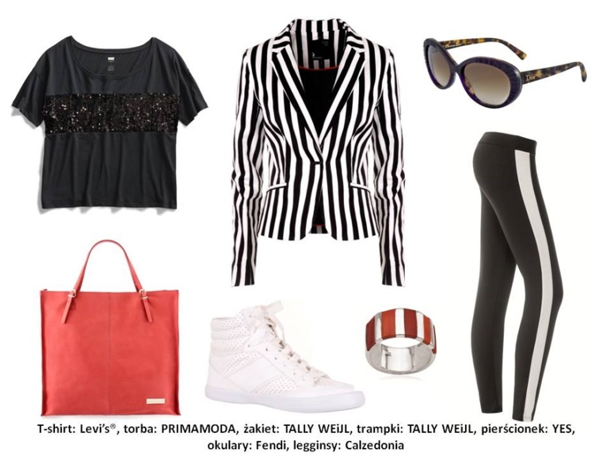 T-shirt Levi’s®: 169 pln torba PRIMAMODA: 659 pln żakiet TALLY WEiJL: 159,90 pln trampki TALLY WEiJL: 49,90 pln pierścionek YES: 145 pln okulary Dior: 1155 pln legginsy Calzedonia: 89,90 pln