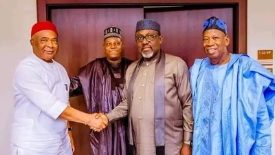 L-R: Governor Hope Uzodinma, Vice President Kashim Shettima, Rochas Okorocha and Abdullahi Ganduje, APC National Chairman. [Imo Govt]