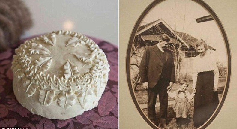 Ronald Warninger came across the 100-year-old cake, left, when cleaning out his garage. It was made for the marriage of his grandparents Harvey and Inez Warninger, right