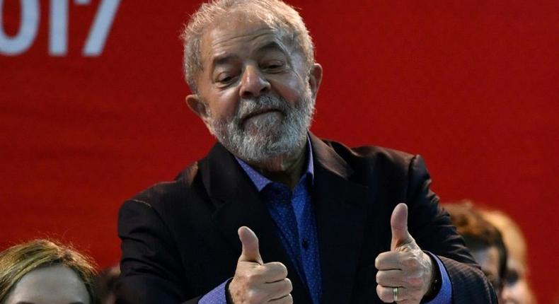 Former Brazilian president Luiz Inacio Lula Da Silva gives the thumbs-up during the Workers' Party Congress in Sao Paulo, Brazil on May 5, 2017