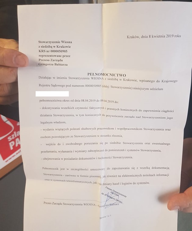 Pełnomocnictwo wystawione przez ks. Babiarza