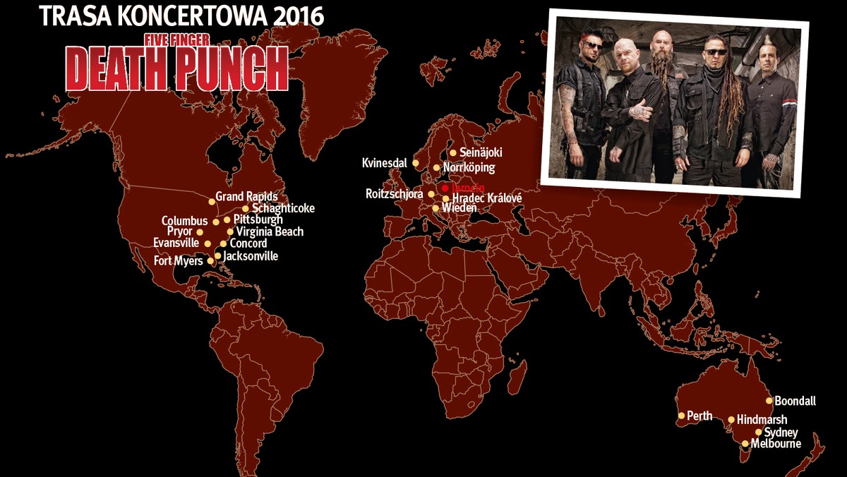 Amerykańska formacja Five Finger Death Punch, jedna z zagranicznych gwiazd Jarocin Festiwal 2016, zdradziła szczegóły międzykontynentalnej trasy koncertowej, promującej album "Got Your Six". Już za kilka tygodni muzycy rozpoczną światowe tournée, w ramach którego zagrają w Australii, Ameryce Północnej oraz Europie.