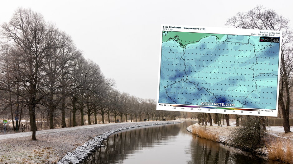 W piątek będzie zimno i miejscami poprószy śnieg (mapa: wxcharts.com)