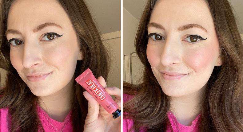 My cheeks with one layer of the blush (left), and with three layers of the product (right).Amanda Krause/Insider