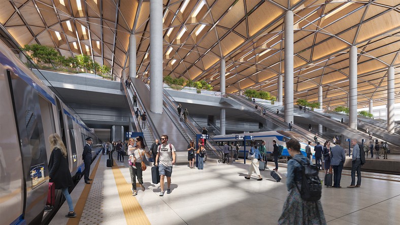Dworzec kolejowy. Wizualizacje CPK. Źródło: Foster + Partners.