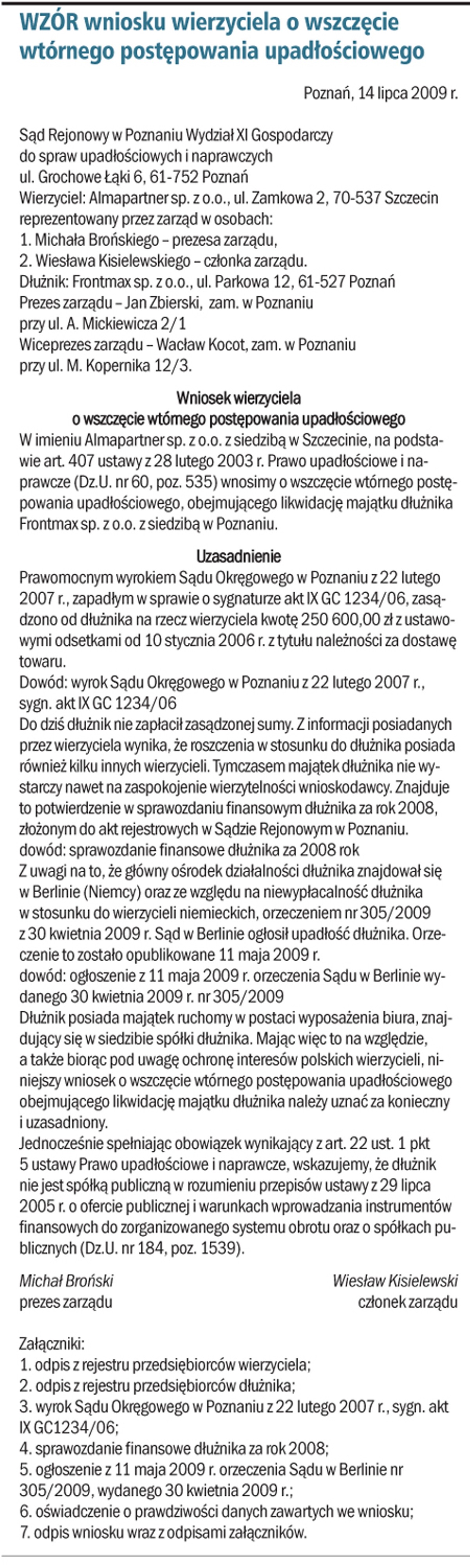 Wzór wniosku wierzyciela o wszczęcie wtórnego postępowania upadłościowego