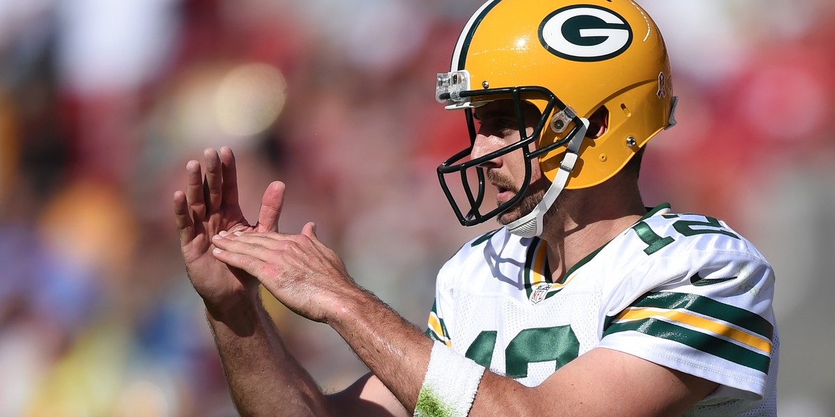 Quarterback Aaron Rodgers #12 of the Green Bay Packers calls timeout against the San Francisco 49ers during their NFL game at Levi's Stadium on October 4, 2015 in Santa Clara, California.