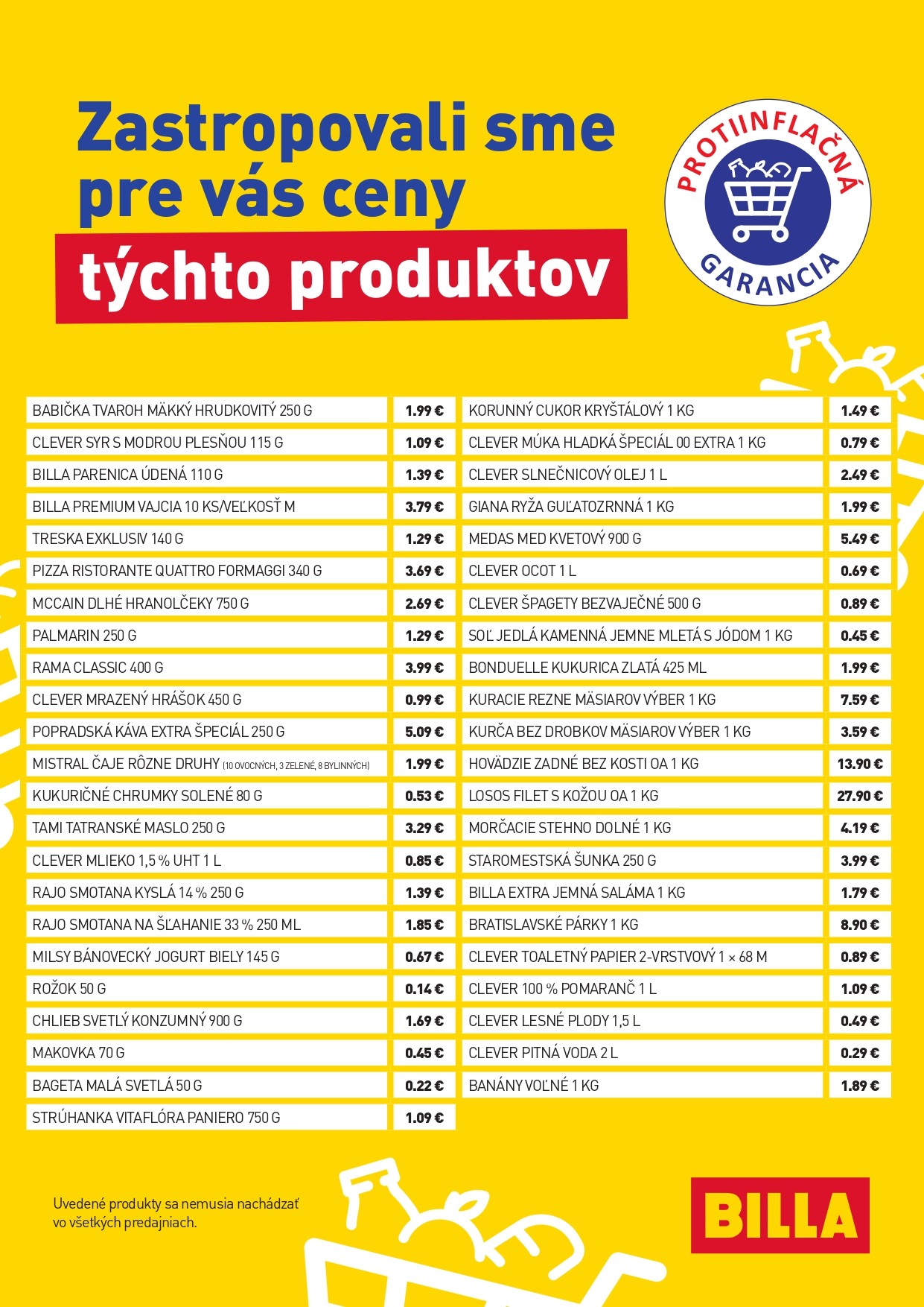 Zoznam potravín so zastropovanými cenami v Bille.