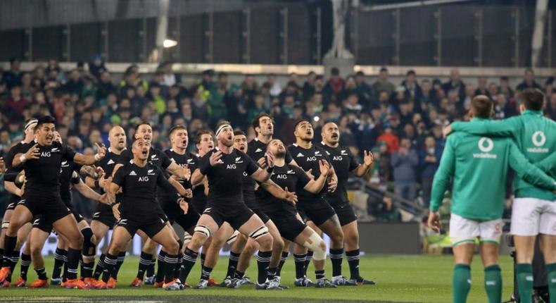 New Zealand players perform the haka ahead of their last match against Ireland in November 17, 2018. Ireland won the match 16-9