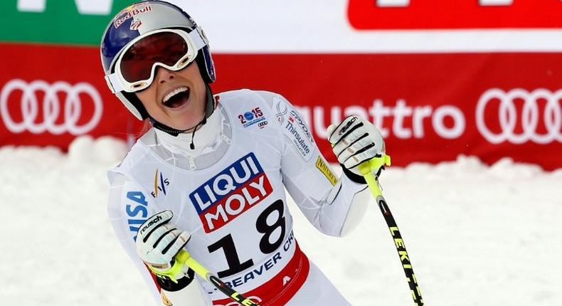 Lindsey Vonn crosses finish line in the Super-G event during the 2015 FIS Alpine World Ski Championships, in Beaver Creek, Colorado, in February 2015