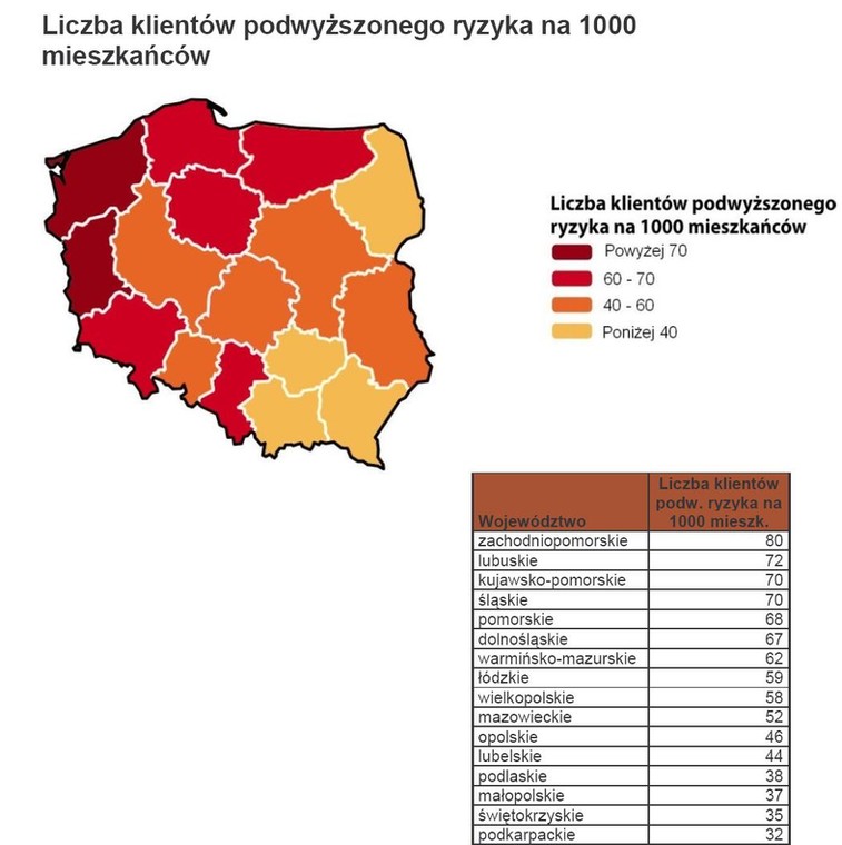 Liczba klientów podwyższonego ryzyka na 1000 mieszkańców. Źródło: BIG InfoMonitor