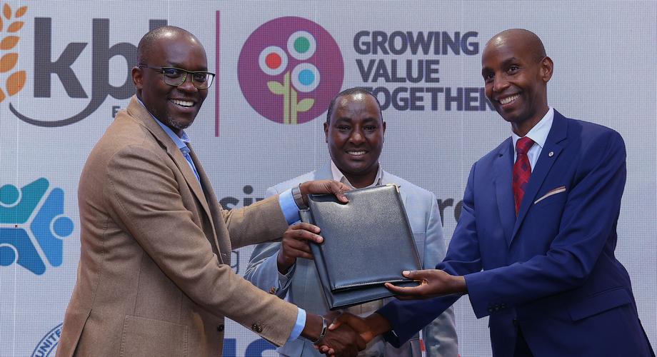 KBL Managing Director, John Musunga (left), Deputy Director Social Development, Moses Kamau and SightSavers Country Director, Moses Chege during an MOU signing ceremony where they entered into a partnership to mainstream inclusion of persons with disabilities into formal employment at Kenya Breweries Limited.