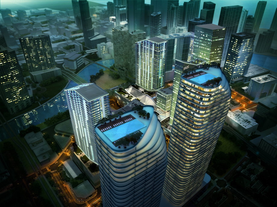 Brickell Heights is another monster double-tower condo development in Miami's financial district, complete with twin rooftop pools. It boasts an Equinox gym and SoulCycle studio inside the complex, as well as a community vegetable garden. A three-bedroom unit will run you a couple million once it's complete in early 2017.