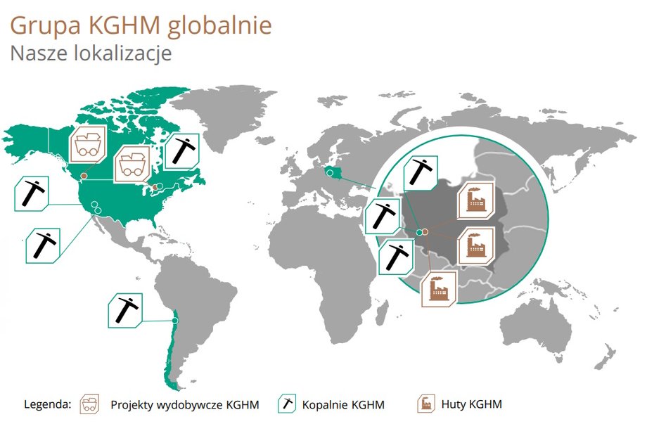 Aktywa wydobywcze i produkcyjne KGHM w Polsce i za granicą. 