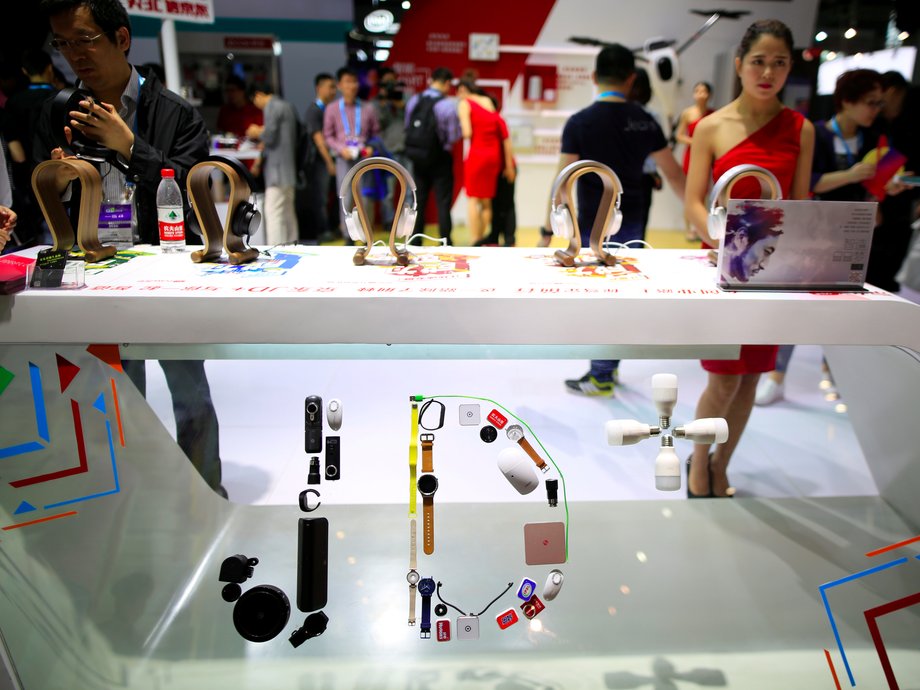 Products from China's e-commerce company JD.com at Consumer Electronics Show Asia 2016 in Shanghai, China, on May 12.