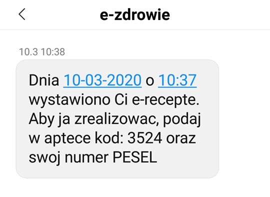 Wygląd przykładowej e-recepty w SMS-ie