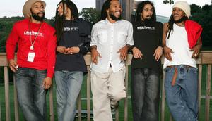 Kymani, Julian, Ziggy, Damian and Stephen Marley sons of Bob Marley pose for a photo after their performance at the Roots, Rock, Reggae Tour 2004 at the Filene Center August 8, 2004 in Vienna, VirginiaFrank Micelotta/Getty Images