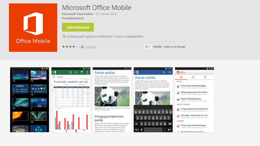 <b>Microsoft Office Mobile</b>
<br><br>
Oficjalny pakiet Office dla smartfonów z systemem Android umożliwia zarówno tworzenie nowych dokumentów, jak również edycję plików zapisanych w chmurze OnDrive. Aplikacja jest bardzo przejrzysta i wygodna w obsłudze - nawet jeśli nie dysponujemy zewnętrzną klawiaturą.