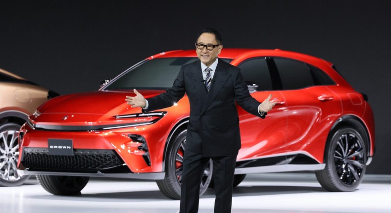 Akio Toyoda spoke to reporters on Thursday.